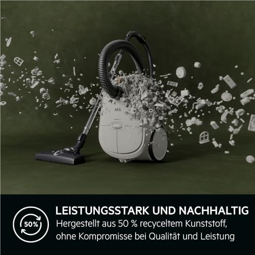 AEG AB61H6SW Staubsauger mit Beutel, 850W, 12m Kabel, hohe Saugleistung, Zusatzdüsen, 50% Recyclingkunststoff, ideal für Allergiker, weiß.