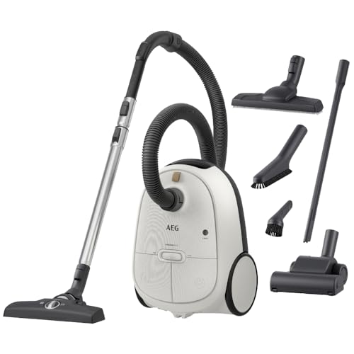 AEG AB61H6SW Staubsauger mit Beutel, 850W, 12m Kabel, hohe Saugleistung, Zusatzdüsen, 50% Recyclingkunststoff, ideal für Allergiker, weiß.