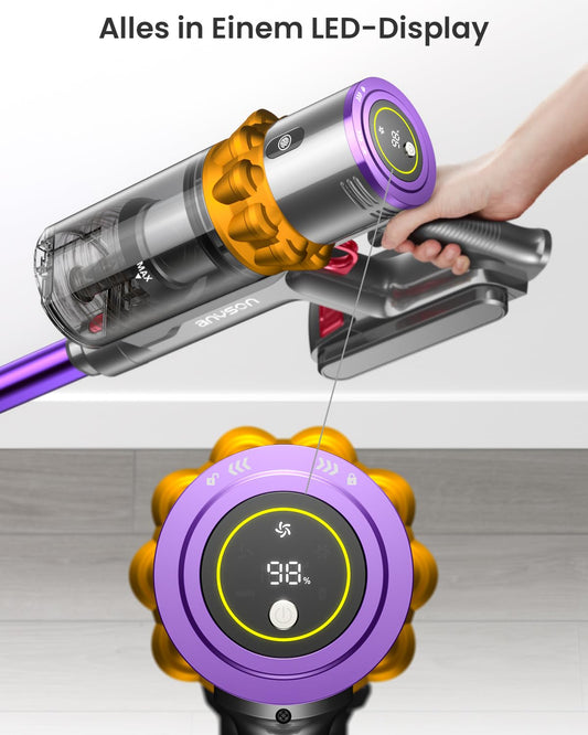 Anyson Akku Staubsauger 45000Pa, 550W, 70 Min Laufzeit, 1,6L Behälter, kabellos, leise, LED-Display, Anti-Tangle-Bürste, für Hartböden, Teppiche